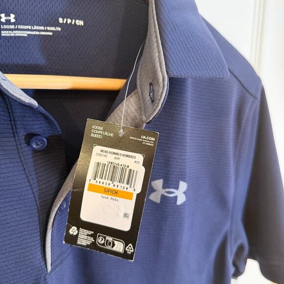 Under Armour Men’s Tech Polo Shirt Navy Blue Sz Small Loose Fit Performance Golf - Picture 3 of 8